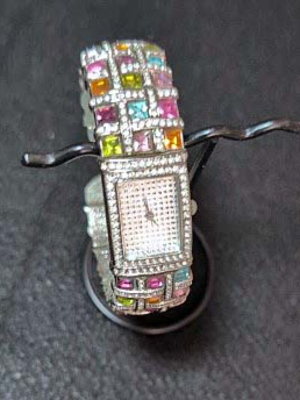Adrienne Multi Color Crystal  Silver Tone Clamper Watch